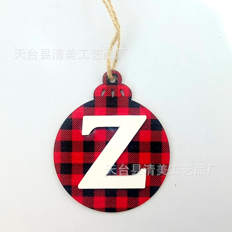 Nuevos productos transfronterizos Decoración navideña Colgante de hoja de madera Artesanía de madera Colgante pequeño Colgante de costura a cuadros negro y rojo