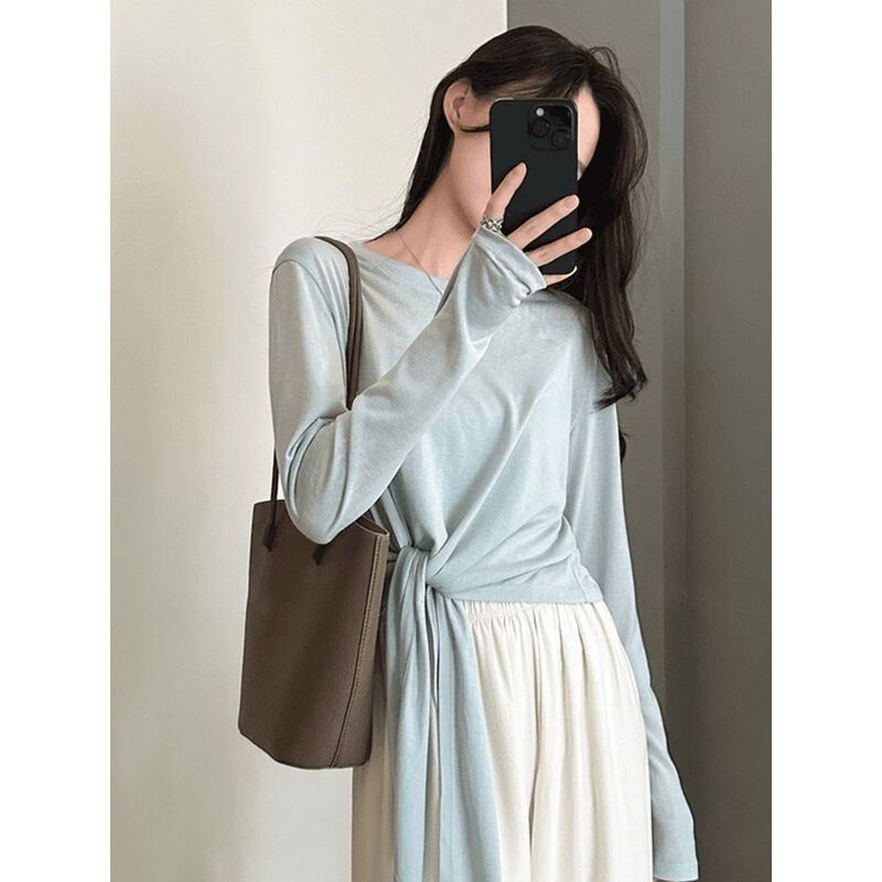 Plus-Size Bowknot Thin Ice Silk Sun Protection Blouse for Women, Summer 2026 New Style, Loose Slimming Long-Sleeve Top for Women