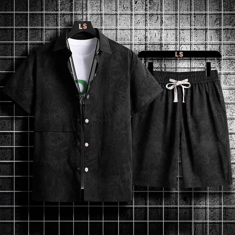 Plus Size Short-Sleeved Shirt Suit Men's Trendy Loose Summer 2025 New Five-Point Pants Set with Two-Piece Set