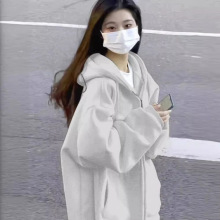 纯色开衫卫衣外套女2025秋冬加绒美式复古慵懒风连帽宽松上衣男