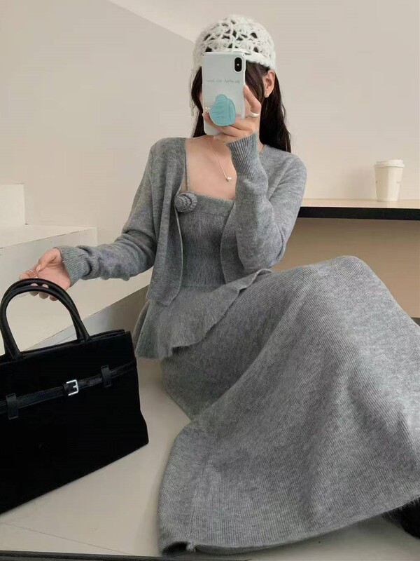 温柔风立体刺绣花朵针织开衫+吊带+半身裙套装女秋装毛衣三件套潮|undefined