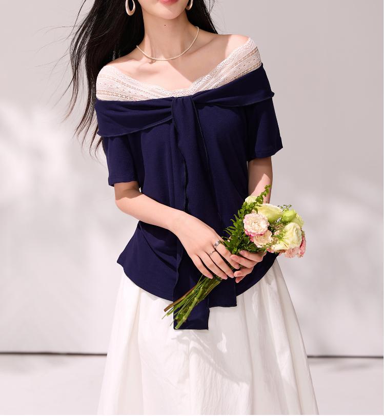Áo thun nữ tay ngắn cổ V phối ren chắp vá FALINDA STUDIO — màu xanh navy chi tiết 6
