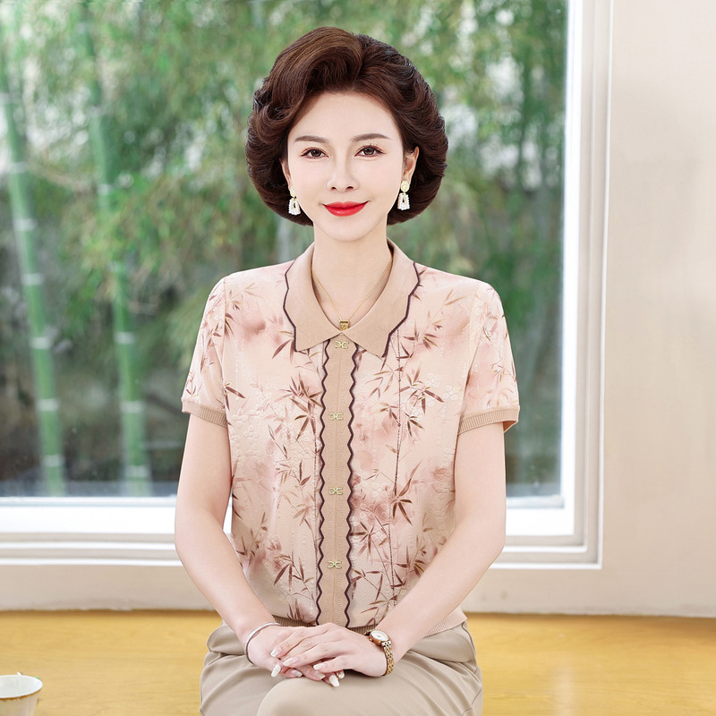 Mom's Summer Ice Silk Thin T-Shirt for Middle-Aged and Elderly Women, Grandma's Summer Printed Short-Sleeve Top for Elderly Ladies Mom's Summer Ice Silk Thin T-Shirt for Middle-Aged and Elderly Women, Grandma's Summer Printed Short-Sleeve Top for Elderly Ladies