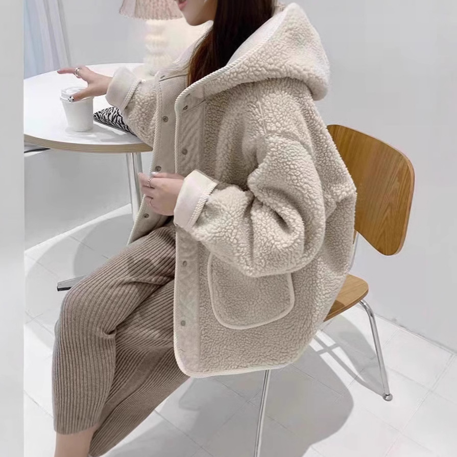 모조 양모 후드 코트 여자 가을 겨울 코트 버튼 새로운 한국 스타일 느슨한 슬리밍 작은 남자를위한 올매치 탑