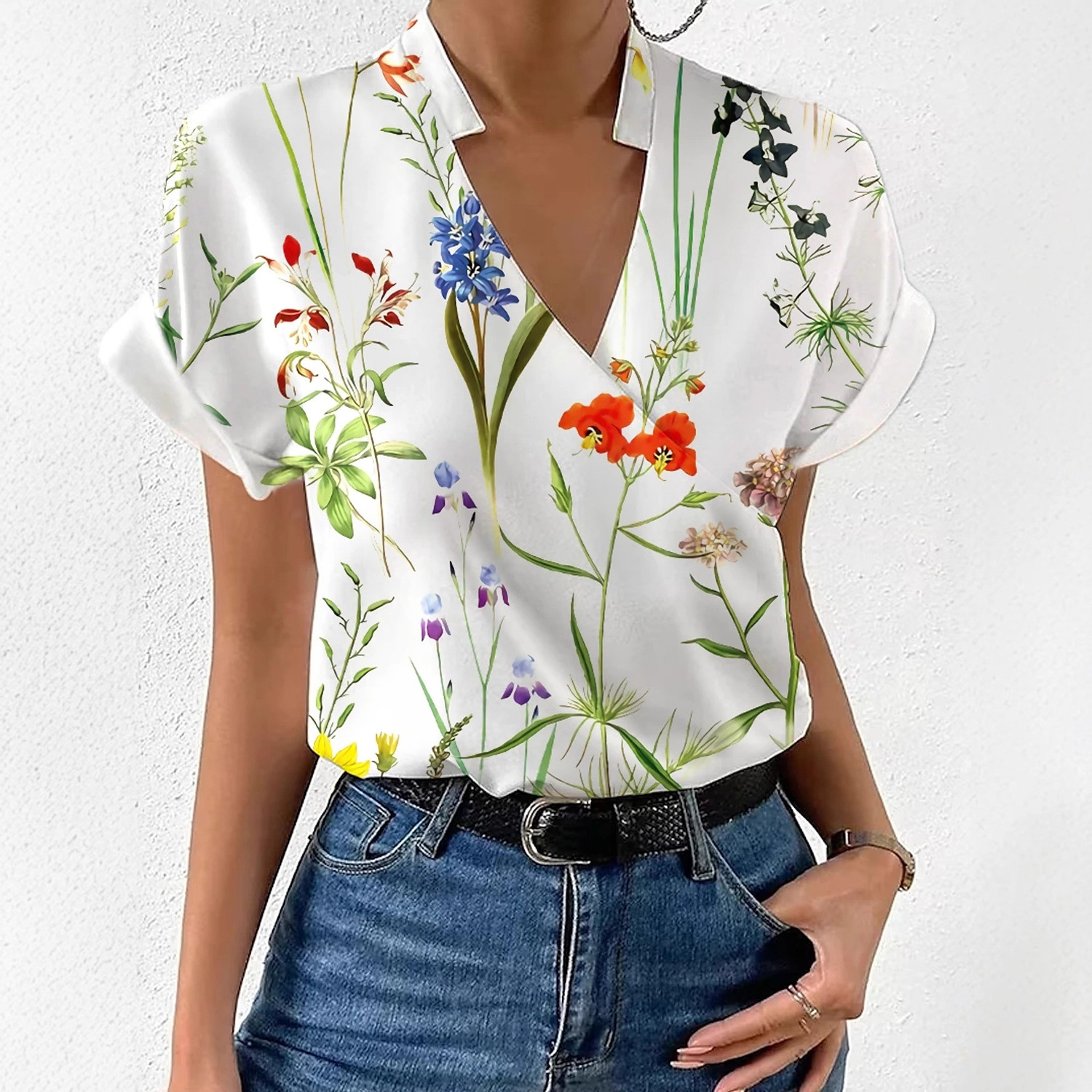 2023 Estación independiente deseo Amazon popular verano suelta cuello en V collar impreso camisa ropa de mujer image 2