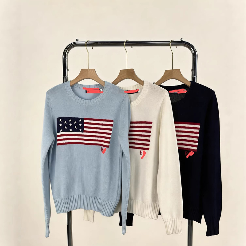 Men's High-End Version R.L European and American Style Loose Round Neck Sweater with Flag Pattern, Simple and Versatile Knitwear for Casual Wear Men's High-End Version R.L European and American Style Loose Round Neck Sweater with Flag Pattern, Simple and Versatile Knitwear for Casual Wear