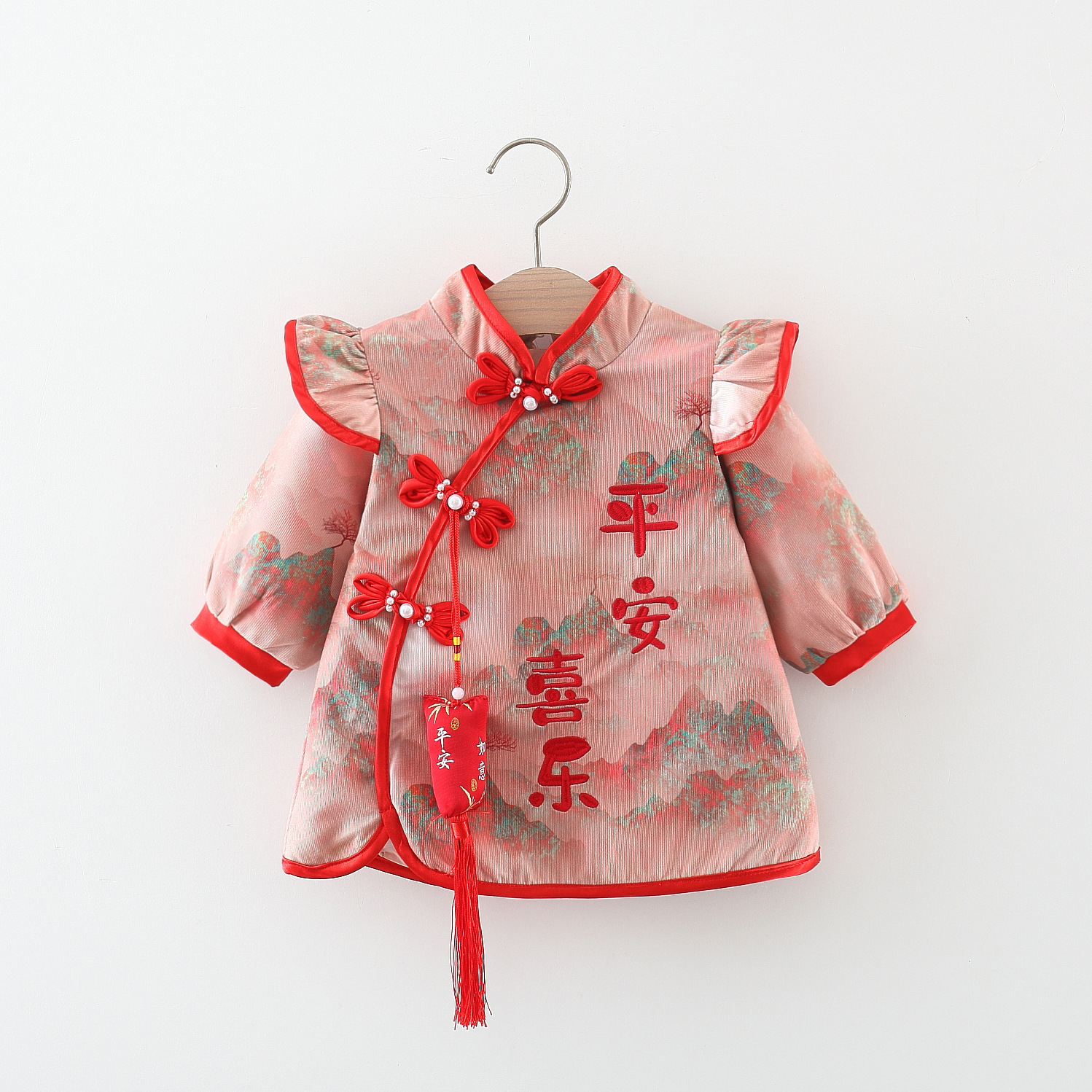 Autumn/Winter Girls' Dress New Chinese Style Ink Wash Painting Button Qipao Dress Fashion Baby Festive Princess Dress