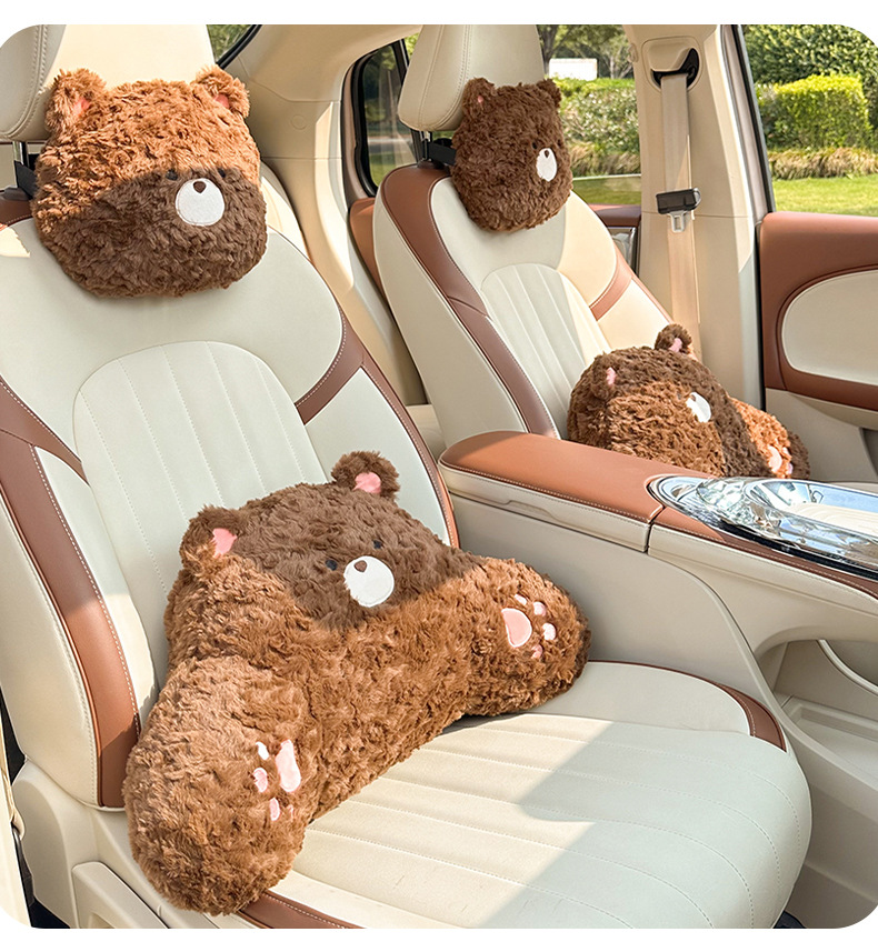 Cartoon Bear Car Headrest Plush Comfortable Car Seat Pillow Neck Pillow Cute Doll Car Waist Cushion