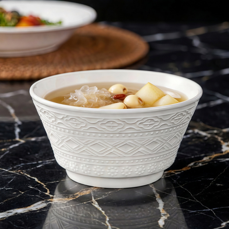 Underglaze Colored White Ceramic Rice Bowl for Home Use, 2026 New Model, High-End Embossed Tableware, Special Bowl and Plate Set for Eating