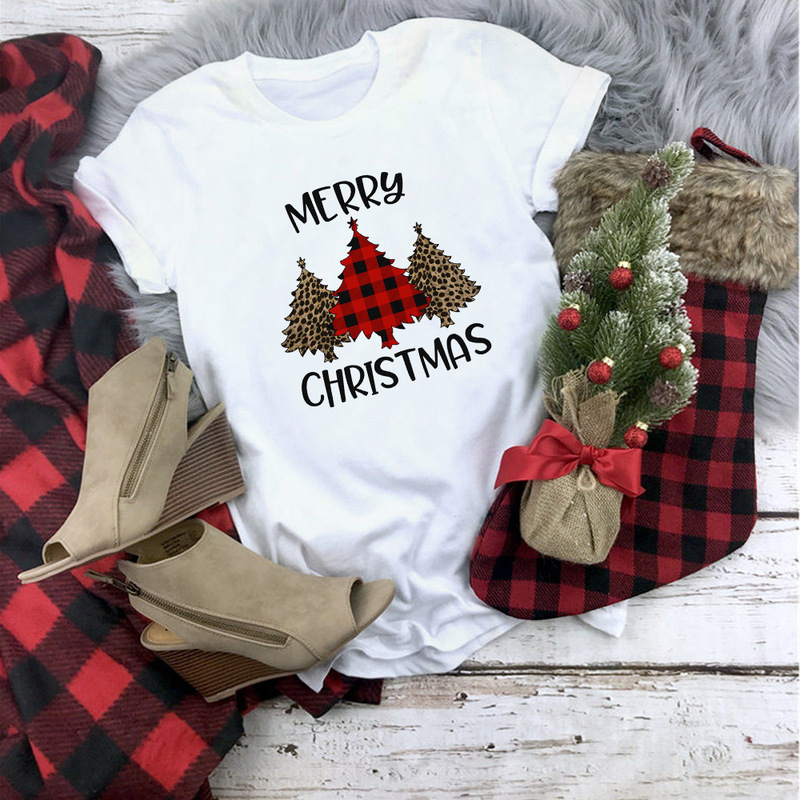 Foreign Trade Christmas Old Man Tree Top Short-sleeved Women's Clothing Watch Christmas Movie Printed Round Neck T-shirt Women's Cross-Border