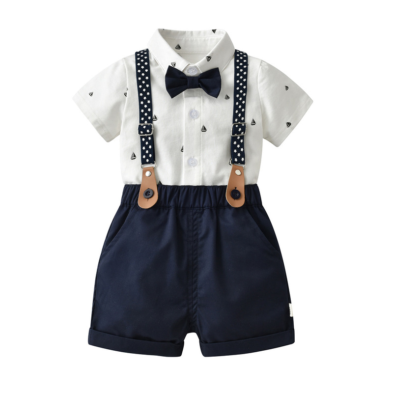2026 Summer Gentleman Two-Piece Suit for Baby Boys Infant Party Dress Bow Tie Suspender Set Pure Cotton for Infants and Toddlers