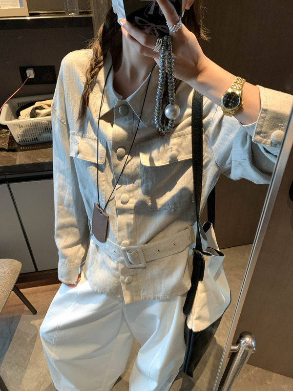 摩且 时髦进阶法则 天丝亚麻老钱风系腰带工装风衬衫外套 MQ0714|undefined