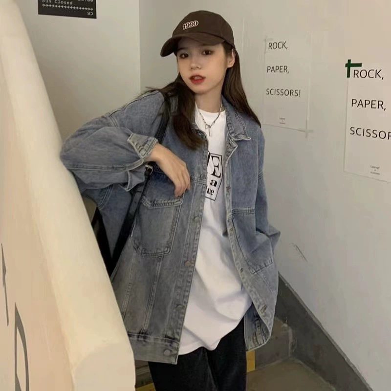 Джинсовая осенняя длинная куртка маленького дизайна, oversize, свободный крой