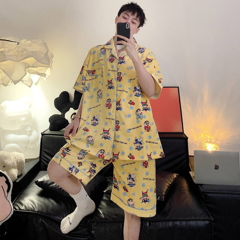 한국 크레용 신짱 순면 잠옷 남성 여름 신작 커플 스타일 귀여운 홈웨어 투피스 슈트 안대 포함