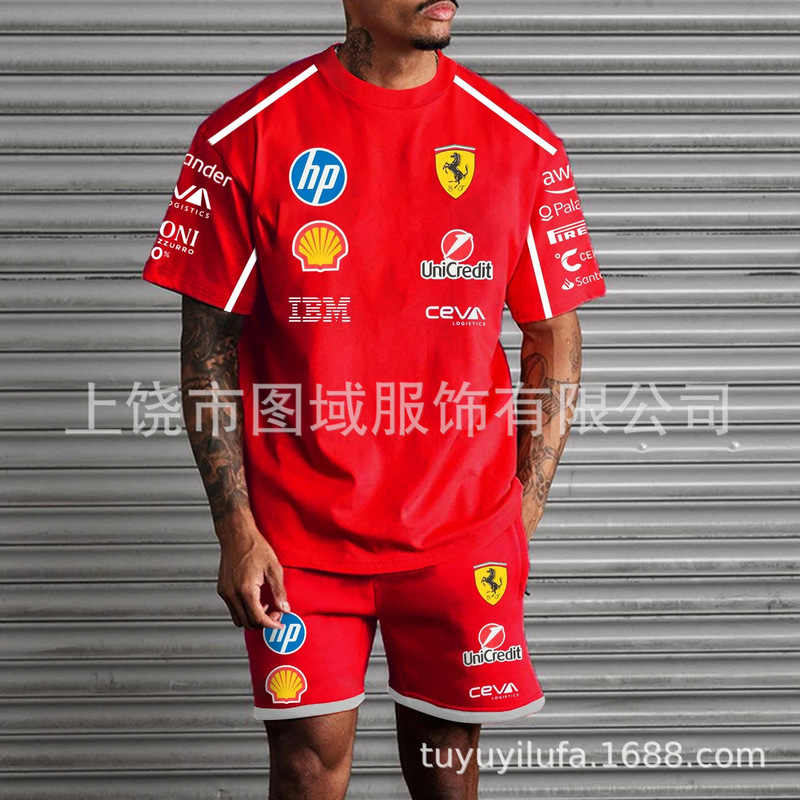 Foreign Trade Summer New F1 Car Racing Marlboro Bmw Ferrari Casual Printed Short-Sleeved Shorts T-Shirt Suit
