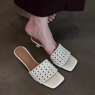 Sheepskin Version ~ Summer Fashion New Style Woven Cut Out Mesh Fashionable Outer Wear Stiletto Heels Flip-Flops for Women