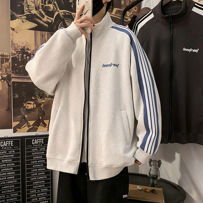 Men's Sweatshirt Autumn and Winter Loose Trendy Versatile Sports Baseball Jacket Trendy Brand Fleece Thickened Cardigan Stand Collar Coat