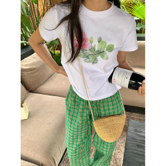 黄韓国版夏の新型気質減齢百合修身着痩せ上着花プリントtシャツ女520561