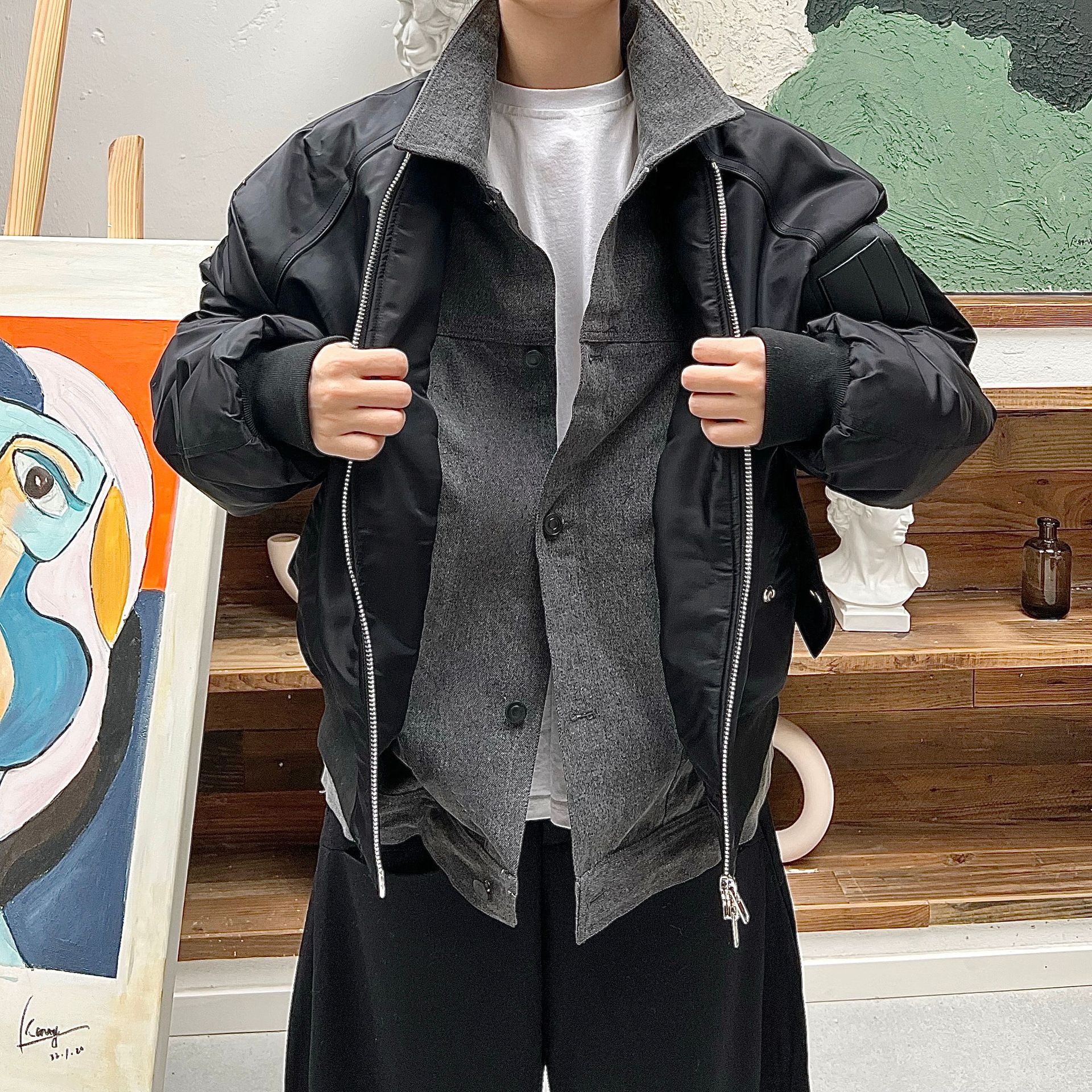 Invierno americano retro falso de dos piezas de béisbol uniforme de algodón acolchado abrigo hombres ins costura contraste color engrosado piloto de algodón acolchado abrigo de moda