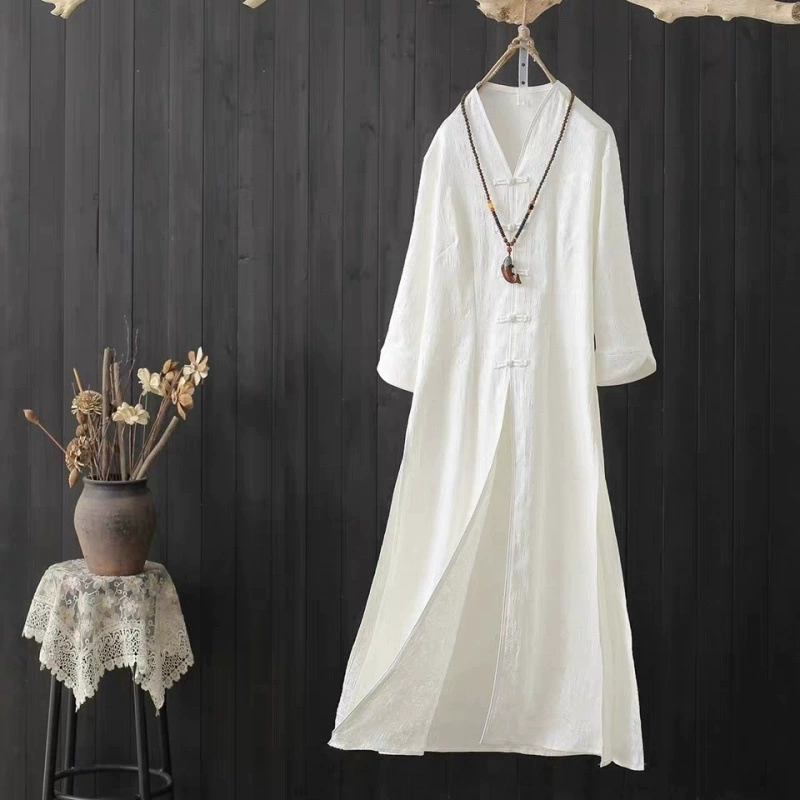 Одежда дзен для женщин весной и летом, улучшенный чонсам, китайский стиль, литературная и ретро-пряжка из хлопка и льна, костюм для молодежной чайной одежды.