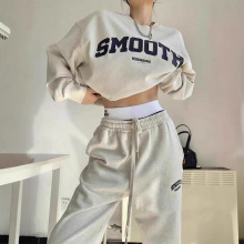 美式运动服套装女秋季ins新款圆领宽松灰色卫衣时尚跑步两件套潮