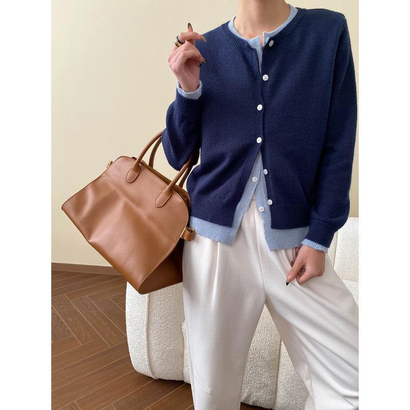 Sinan Blogger Style Layered Fashionable Fake Two-Piece Contrasting Color Stitching Slimming Look Bottoming Knitted Cardigan Sn6884