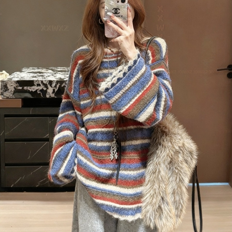 Korean Dongdaemun Autumn New Niche Versatile Round Neck Retro Lazy Style Striped Color-Blocking Design Knitted Sweater