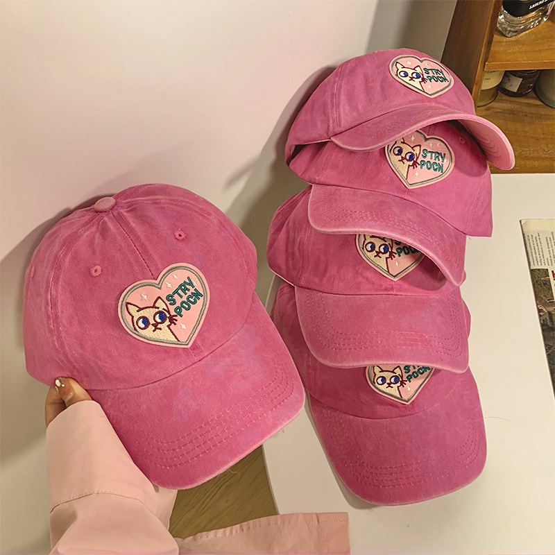 Pink Love Baseball Cap Women's Korean-style ins Big Head Cap Soft Top Cute Cat Hat Trendy Small Face