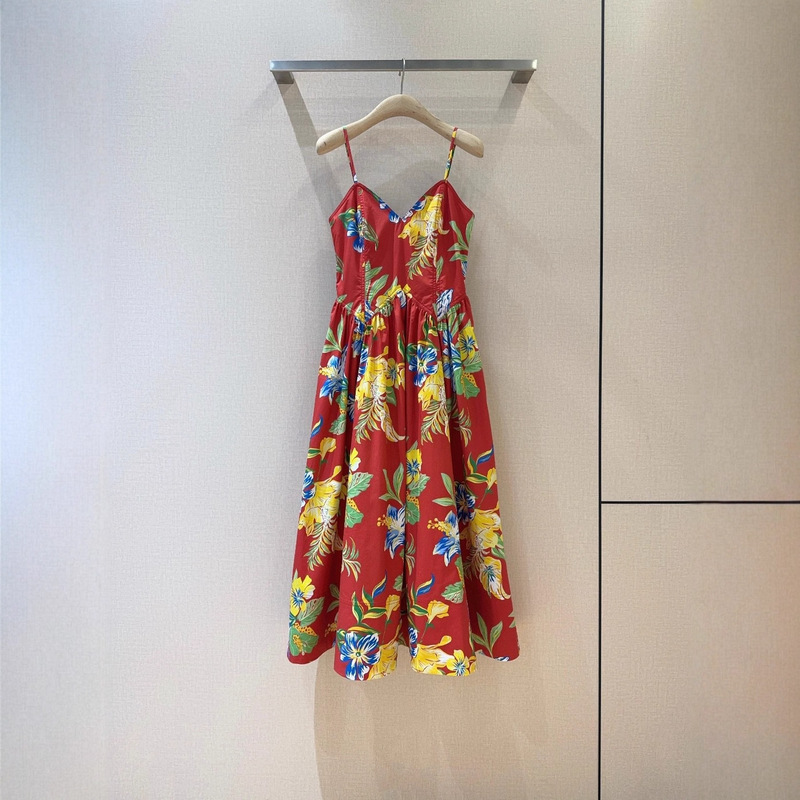 Retro Oil Painting Red Floral Print Suspender Dress Deep V Neck Waist A-Line Elegant Seaside Vacation Long Dress