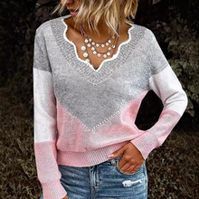 亚马逊欧美风素色针织衫 2024跨境女装性感V领拼接毛线上衣外穿女