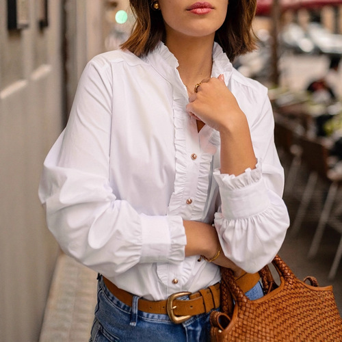 European and American Style White Spring/Summer 2025 Women's Lace Trim Shirt Sleeved Stand Collar Casual Resort Shirt