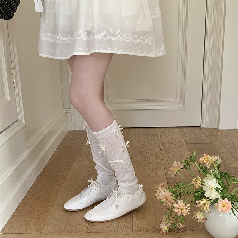 Spring and Autumn Thin Lace Bow Slightly See-Through Calf Socks with Rolled Edges, Sweet Girly Style Ins Korean Version Solid Color Slouch Socks