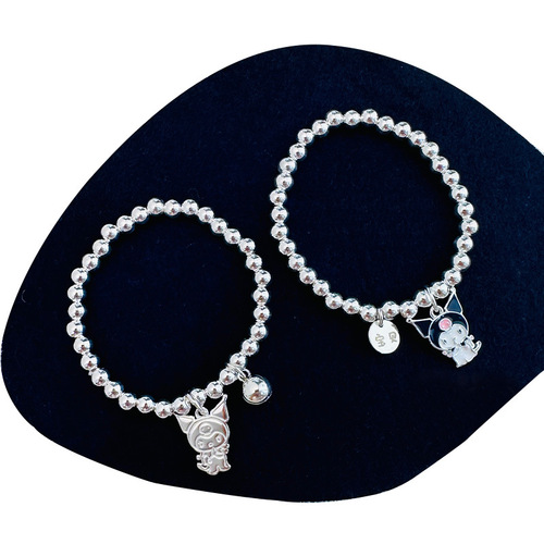 S925 Pure Silver Kuromi Necklace Round Bead Bracelet DIY Engraving Cute Cartoon Children's Accessory Necklace Set