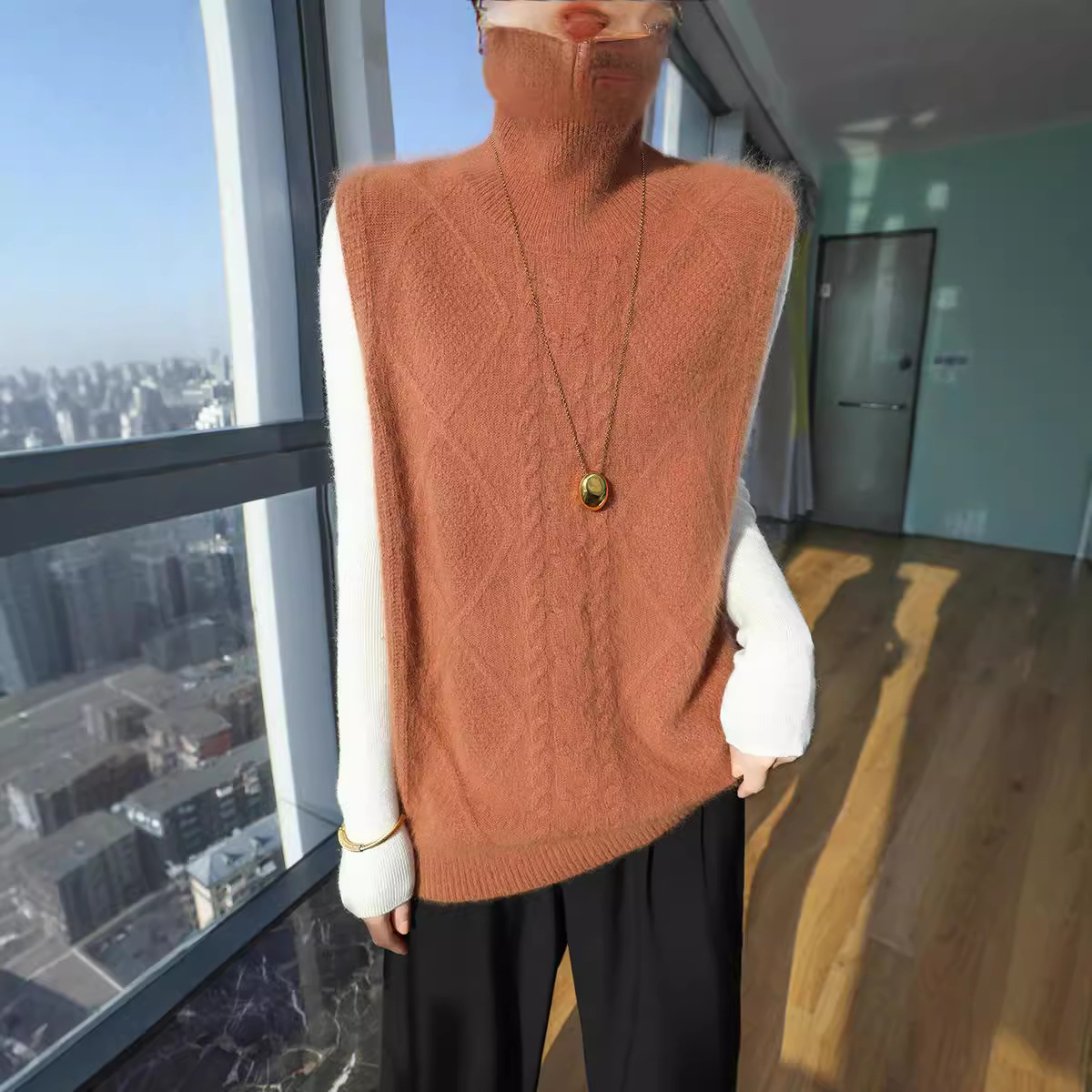 밍크 벨벳 조끼 2024 가을 겨울 새로운 여성 높은 옷깃 니트 조끼 한국 스타일 짧은 다이아몬드 풀오버 웨이스트 코트