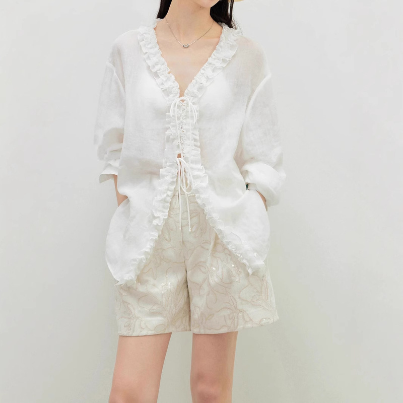 Design Niche Women's Shirt Summer Casual French Romantic Light and Transparent Fungus V Neck Strappy Sun Protection Shirt