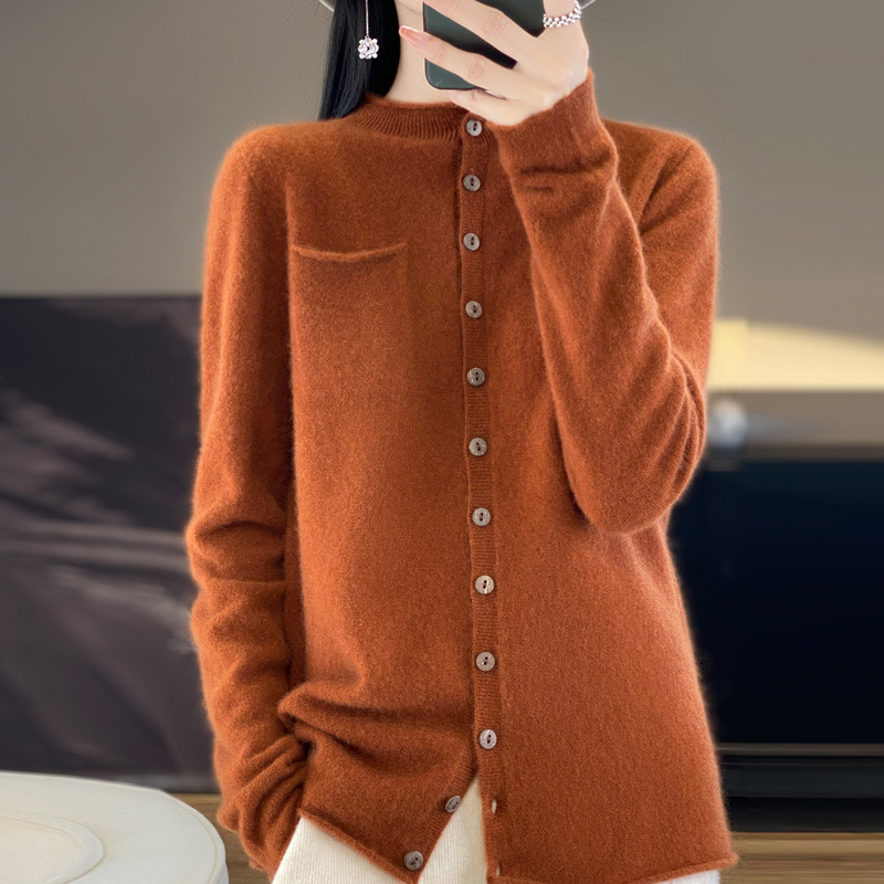 Manufacturer Cross-Border Wholesale New Australian Wool Cardigan Seamless Rolled Edge Pocket Jacket Top in Stock