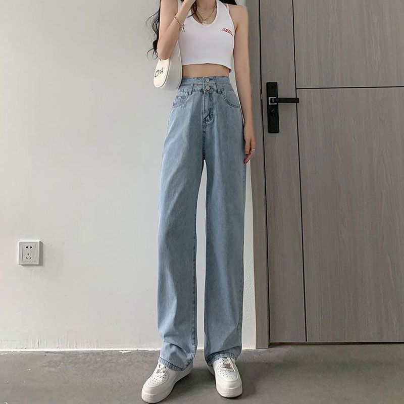 Straight-Leg Jeans for Women, Spring/Summer, Double-Button High-Waisted Design, Loose Fit, Slimming, Petite, Floor-Length Wide-Leg Pants Straight-Leg Jeans for Women, Spring/Summer, Double-Button High-Waisted Design, Loose Fit, Slimming, Petite, Floor-Length Wide-Leg Pants