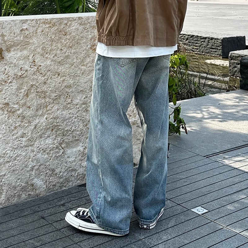 Washed Blue Jeans Men's Straight Loose Wide-Leg American High Street Pants Trendy Versatile Simple Casual Long Pants