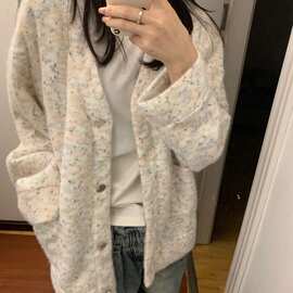 韩版宽松慵懒风马海毛毛衣女春秋2024新款爆款软糯小香风开衫外套