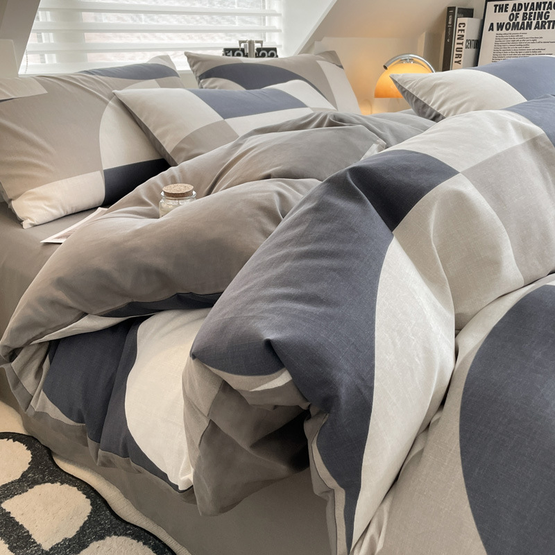 Nordic Style Pure Cotton Four-piece All-cotton Simple Men's Duvet Cover, Student Dormitory Bed Three-piece Set, Fitted_voghion.com