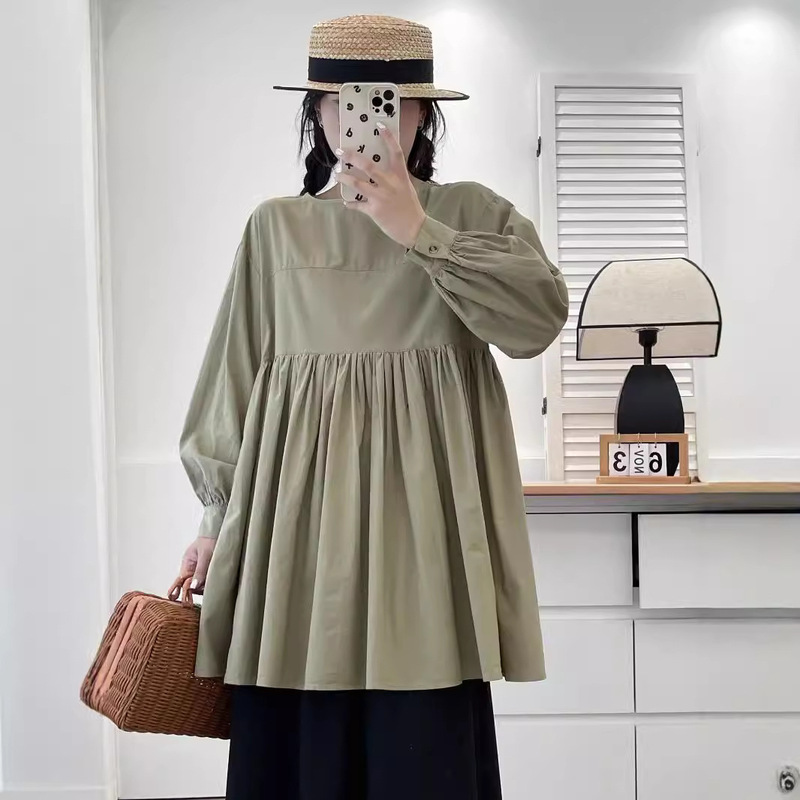Japanese Mori Women's Artistic Loose Slimming Round Neck Doll Shirt Women's 2024 Early Autumn New Long Sleeve Casual Solid Color Shirt