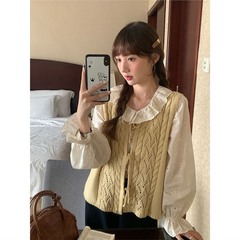早秋季韩系复古文艺甜美麻花镂空针织马甲女减龄叠穿衬衫两件套