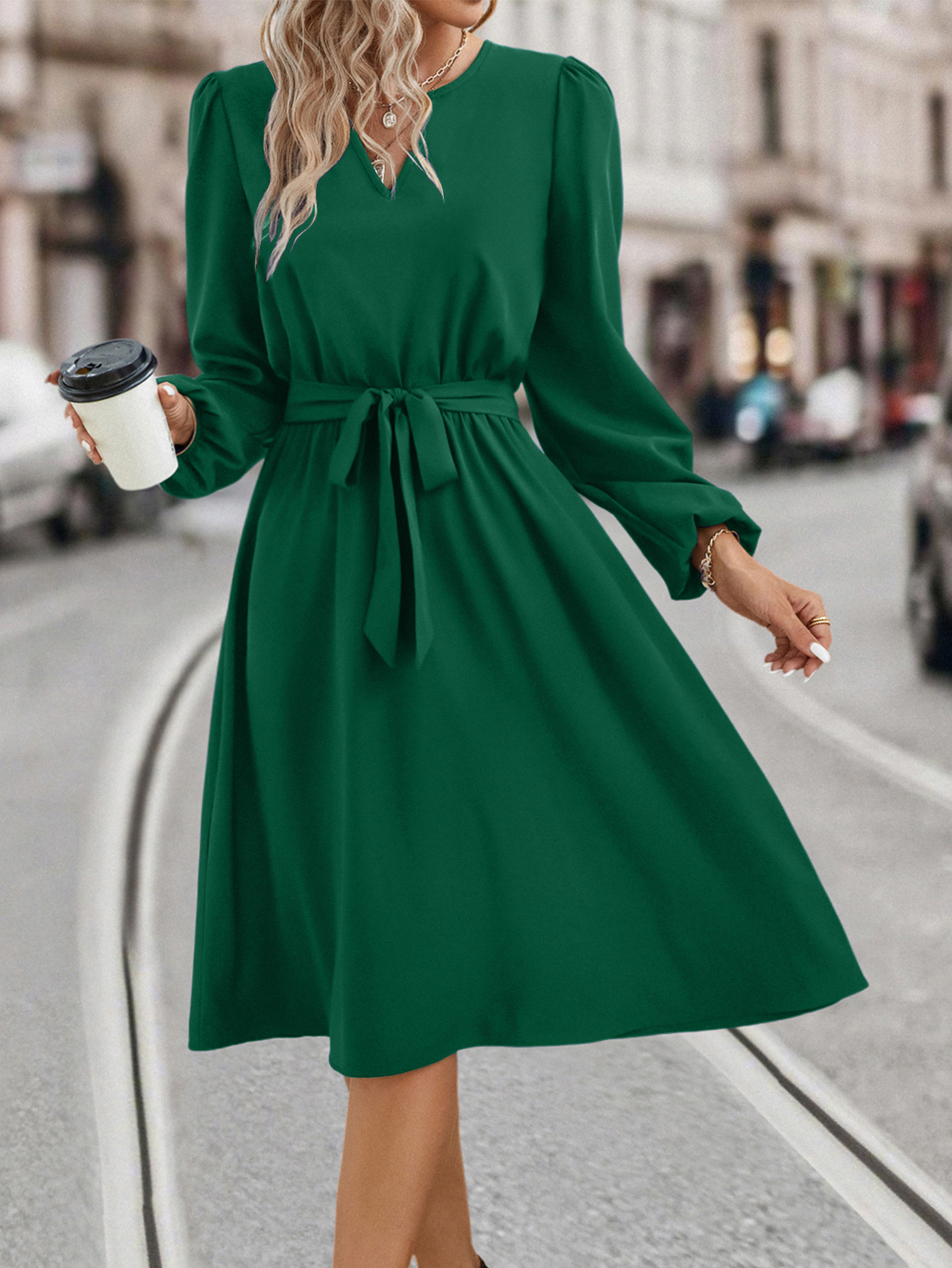 Women's Swing Dress Casual V Neck Long Sleeve Solid Color Midi Dress Daily Street display picture 5