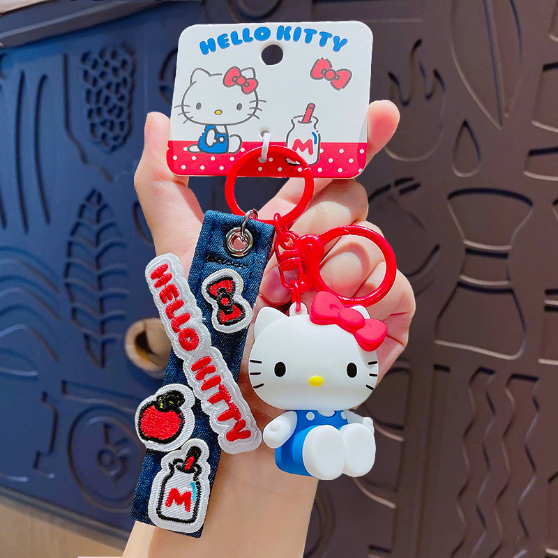 正版卡通三丽鸥KT凯蒂猫牛仔布公仔系列玩具钥匙扣可爱书包小挂件|undefined