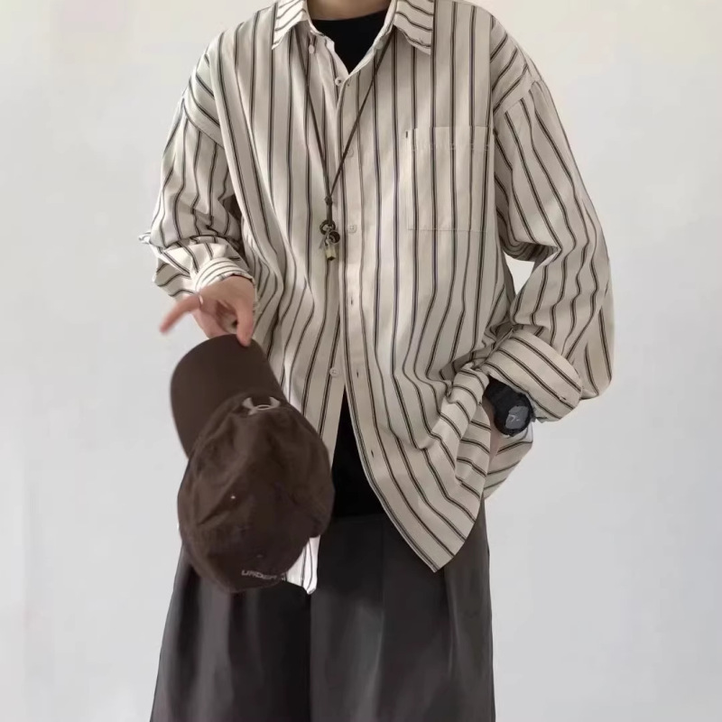 Neutral Style Trendy Striped Shirt for Men, Spring and Autumn Long-Sleeve Layered Wear, Japanese-Style Top with Unique Design, Suitable for Both Inner and Outer Wear