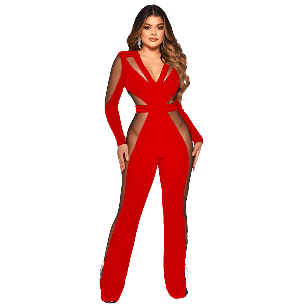 Mamelucos de retazos de malla sexy a la moda para mujer, pantalones acampanados_voghion.com