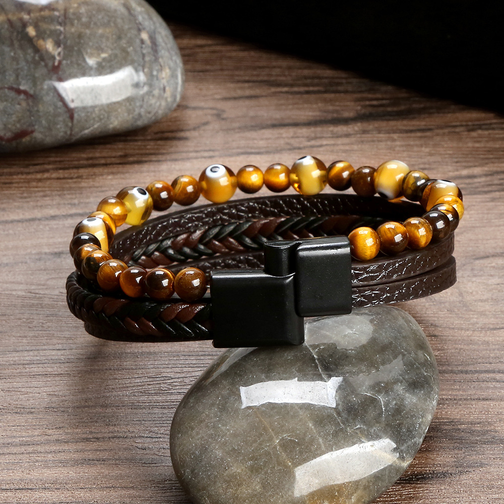 2PCS Glas Teufelsauge Perlen Leder Mehrschichtige Legierung Schnalle Armband Herren Neuer Stil_voghion.com