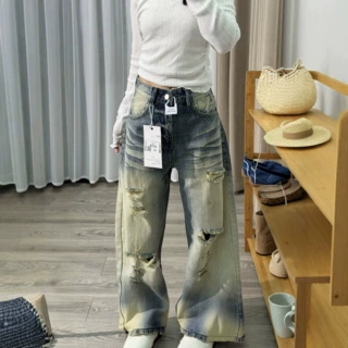 美式复古水洗做旧破洞牛仔裤女夏季新款高腰宽松显瘦阔腿乞丐裤子