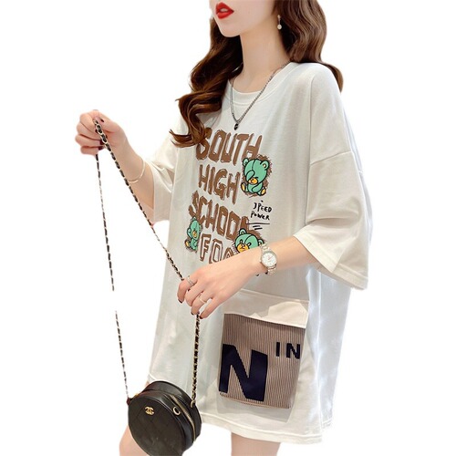 Design Sense Letter 3D Pocket Top for Women, Cartoon Bear, 2025 Summer Casual Loose Plus Size T-Shirt