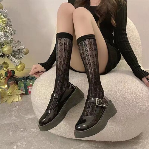 Japanese Lolita socks for girls, JK calf-length women's ring lace socks, summer thin transparent mesh top-down socks